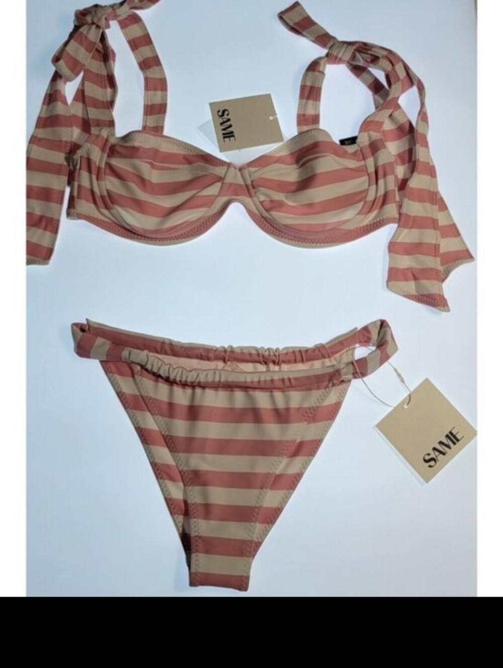 SAME Los Angeles The Lady Bikini Set 2PC Pink White Striped Underwire Ruched M
